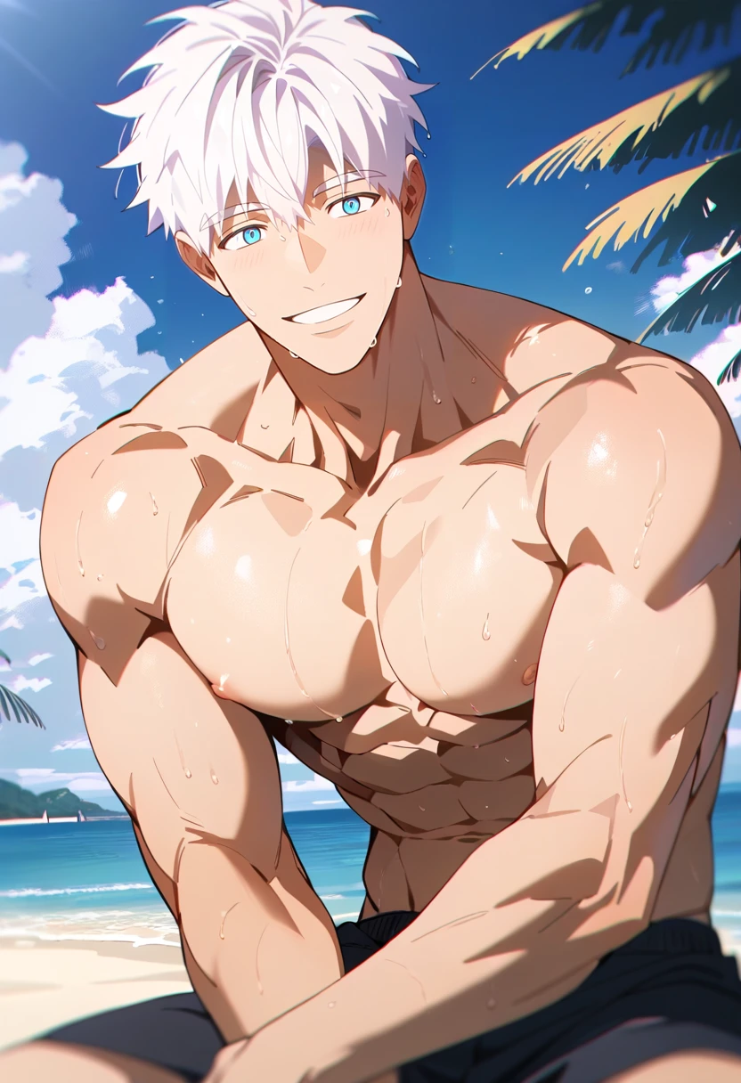 score_9,score_8_up,score_7_up,best quality,amazing quality,best aesthetic,absurdres,good colors,bright skin,good shading,countershading,detailed background,
1boy,male focus,solo,<lora:éµåMignon:0.8>,short hair,white hair,bangs,blue eyes,muscular giant boy,detailed hair,(highlight:1.3),kind_smile,smile,
muscular,completely nude,sweaty skin,sweat,looking_afar,topless,pectorals,nipples,black shorts,wide_shot,
outdoors,beach,sea,sand,sky,blue sky,
<lora:Expressive_H:0.8>,Expressiveh,<lora:aesthetic_anime_v1s:1.2>,