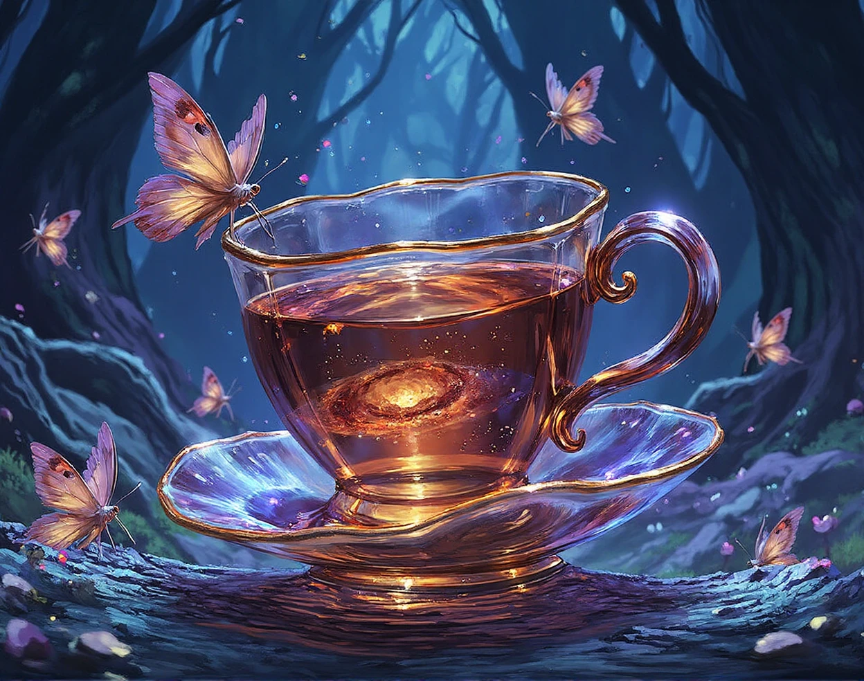 <lora:bunsmtg-c:1> m4th3g4 of a floating teacup made of liquid mercury, with a galaxy swirling inside it instead of tea. The teacup levitates in mid-air, held up by invisible forces. Surrounding the teacup are ethereal, glowing butterflies with translucent wings, each reflecting fragments of stardust and light. The atmosphere is calm and otherworldly, with the teacup slowly rotating