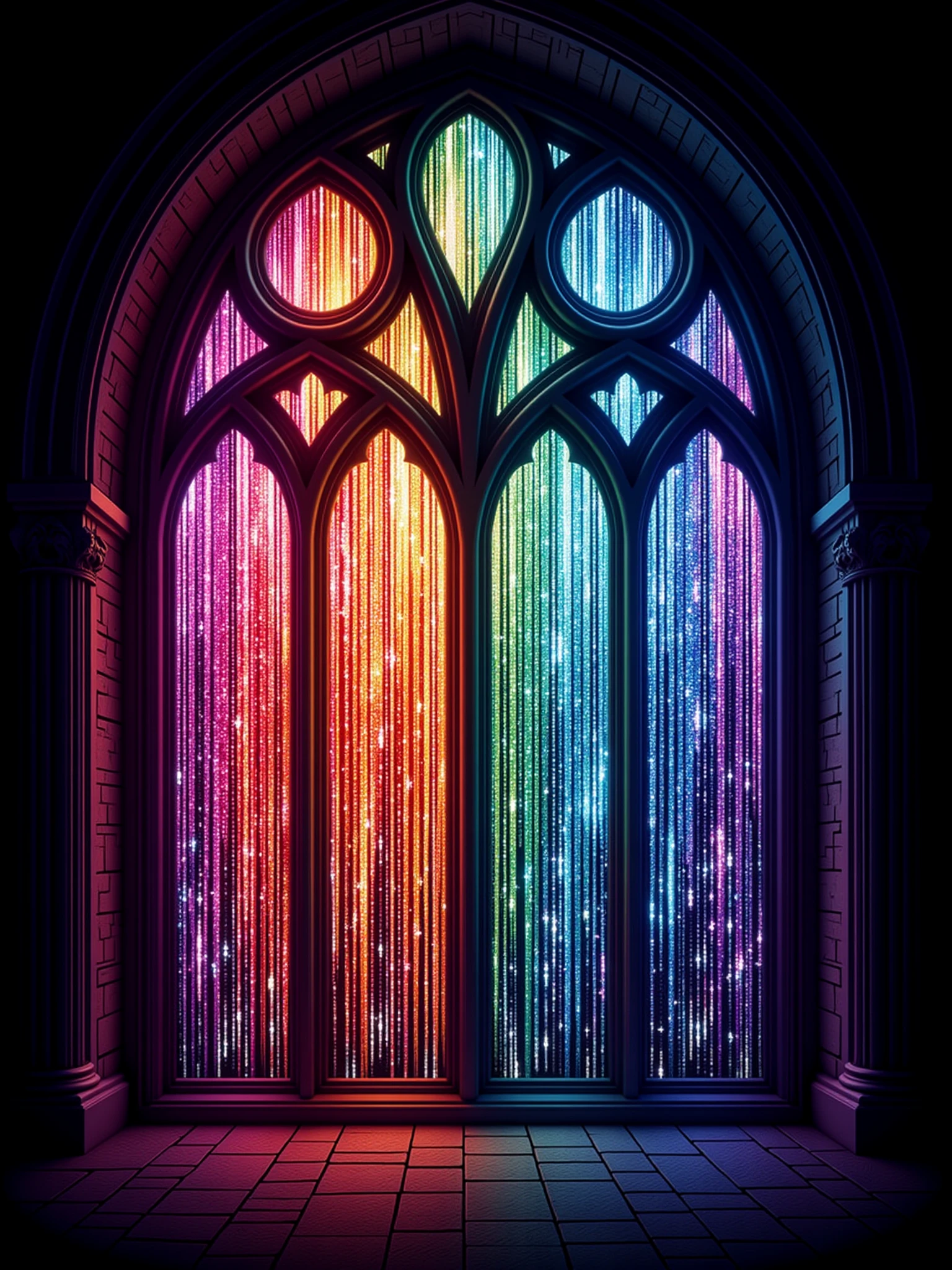 glowing mad-glwngmrbldppr stained glass window in a church, lightray   <lora:glowing-glitch-flux:1>, night