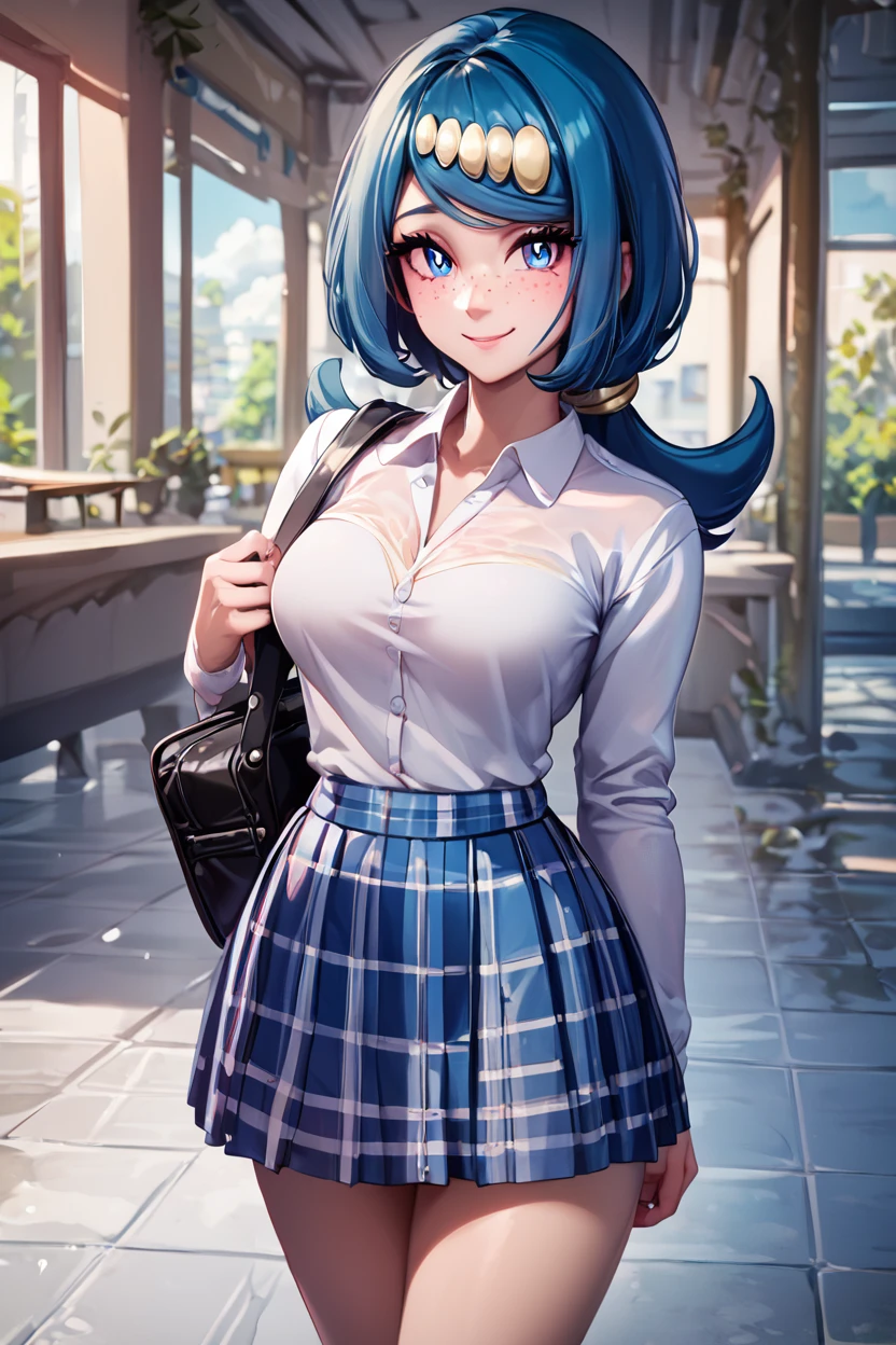 score_9, score_8_up, score_8, medium breasts, (curvy), cute, eyelashes,       BREAK, , zzLanasMother, blue hair, blue eyes, long hair, freckles, large breasts, hair ornament, white shirt, blue skirt, <lora:LanasMother_Pokemon_PDXL_Citron:0.8>, , BREAK, closed mouth, alternate costume, smile, looking at viewer, collared shirt, blush, sweater, black skirt, eyelashes, long sleeves, sleeves past wrists, plaid skirt, shoulder bag, black bag, blurry, tile floor, pleated skirt, white shirt, cowboy shot,  embedding:zPDXL, Expressiveh,  <lora:Vivid:0.7>,  <lora:Uncensored_PonyXL_cpt_v02.09:0.4>,  <lora:Expressive_H-000001:0.4>,