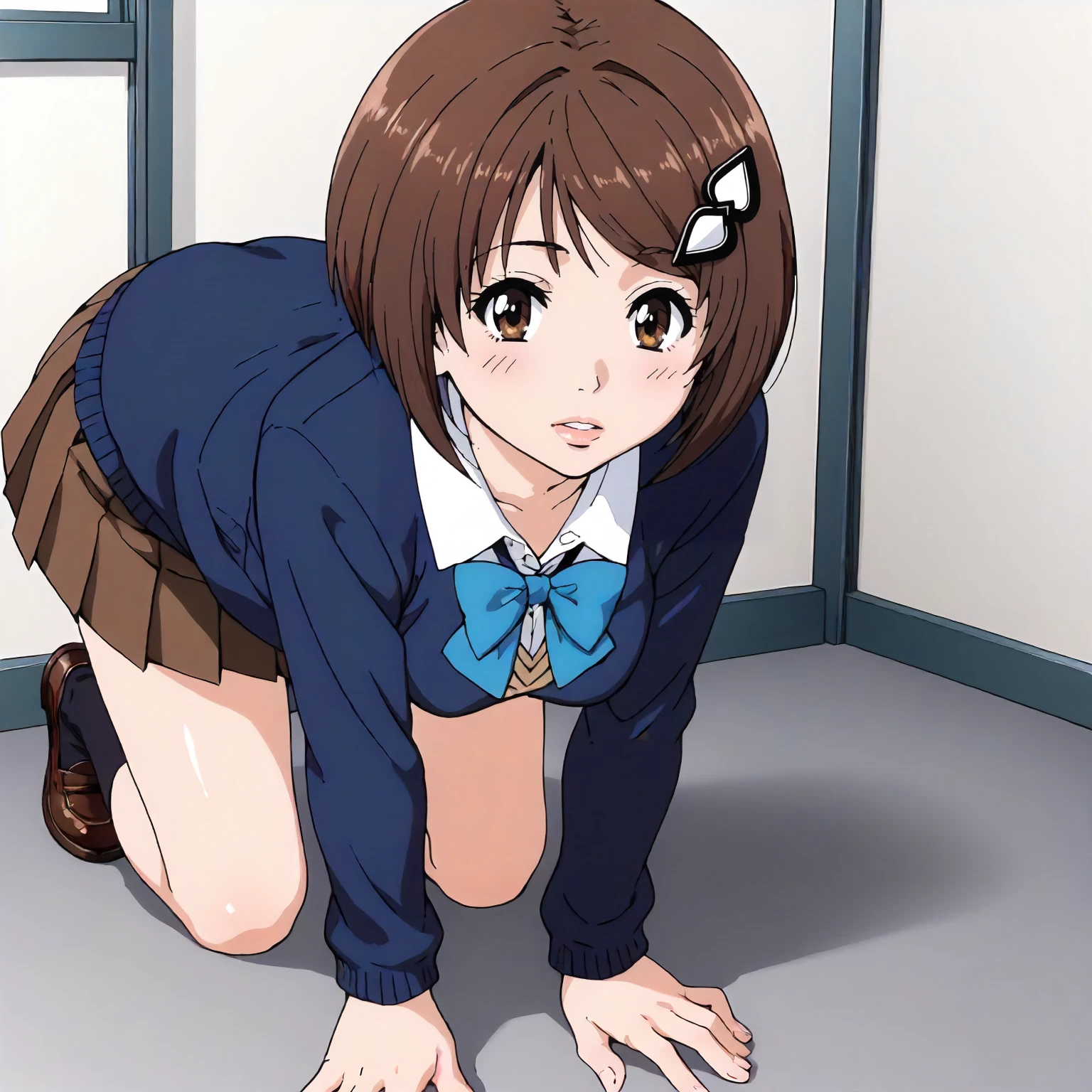 (1990's style, anime screencap, cel shading, high resolution, clean brush stroke, highly detailed, NSFW, perfect anatomy), private western style toilet, tile floor, public indecency, exhibitionism, female masturbation (fingering:0.0) (vaginal on vibrator:0.0), 1girl (solo:1.5), brown hair, blue eyes, smile, open mouth (sticking out tongue:0.0), ahegao (mouth drool:0.0), full body (completely nude:1.5), mature body, skinny arms, (female armpits hair:0.0), (V sign with both hands:1.5), gigantic breasts (alternate breast size:1.5), natural saggy tits (long tits:1.5), wide areolae (ebony areolae:1.5), highly detailed areolae (glands of montgomery:1.5) (puffy areolae:1.5) (inverted nipples:1.5), navel, narrow waist, small ass, pussy (female pubic hair:0.0), narrow thighs, skinny legs, squatting (spread legs:1.2), clitoris, kneepits, tiptoes, no shoes,