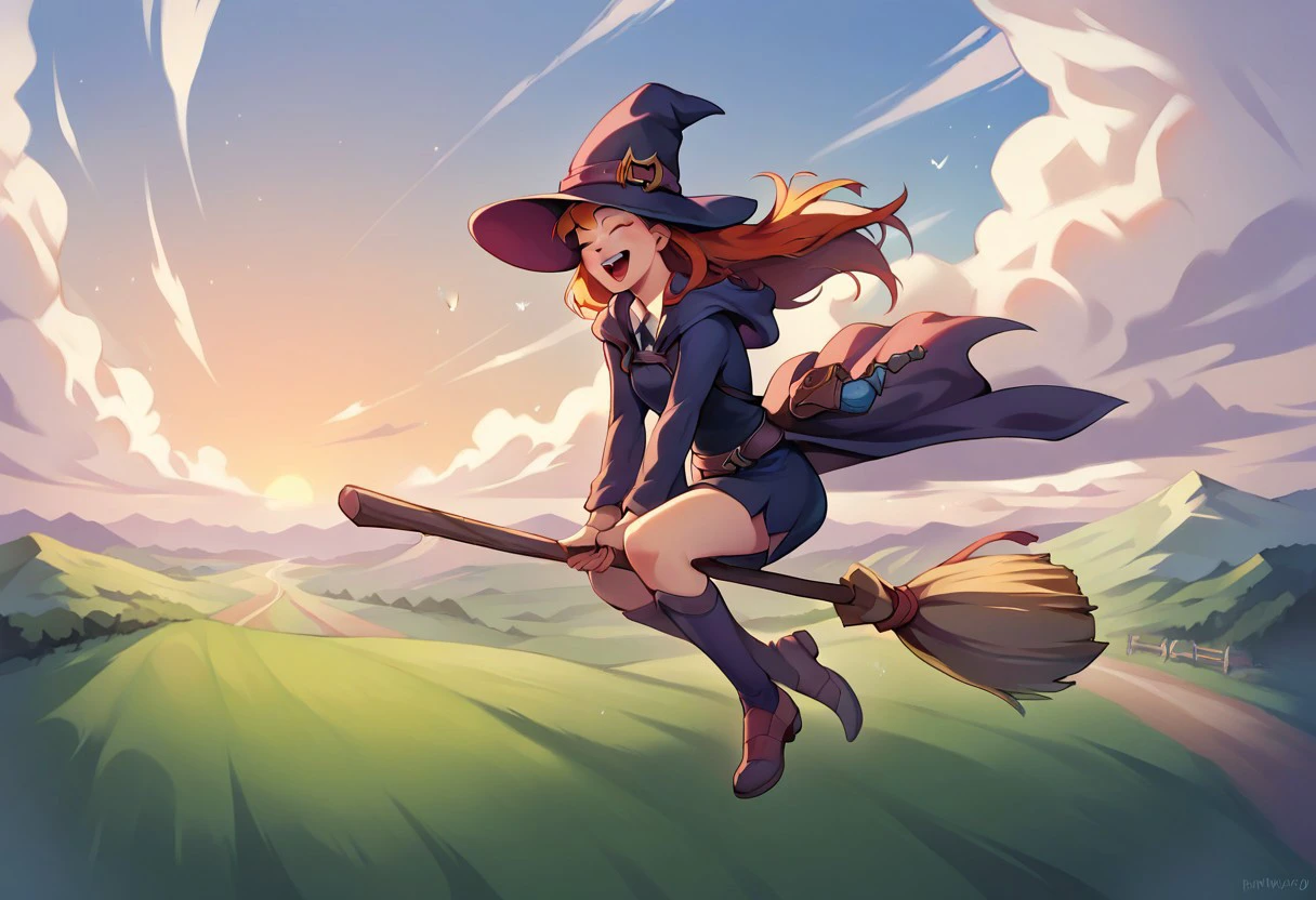 score_9, score_8_up, score_7_up, score_6_up, score_5_up, colourful, 8k, detailed face, 1girl, solo, witch, hat, r1dingbroom, riding broom, broom, day, sky, flying, speed, wind, fields, laughing, close-up, front view,