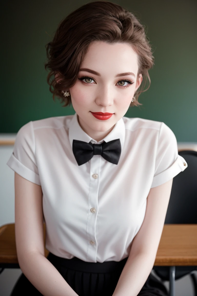 <lora:danielleriley-06:0.6>,,danielleriley, ((red lipstick, blush, pale skin)),  ((masterpiece, best quality, extremely detailed, high resolution)), ((detailed eyes, detailed face)),((fully clothed, modest)), ,photo of a woman, RAW, close portrait photo, ((bowtie, shirt)),((short hair)), ((classroom, sitting)), slim body, 8k uhd, dslr, soft lighting, high quality, film grain, Fujifilm XT3 sharp focus, f 5.6, slight smile,