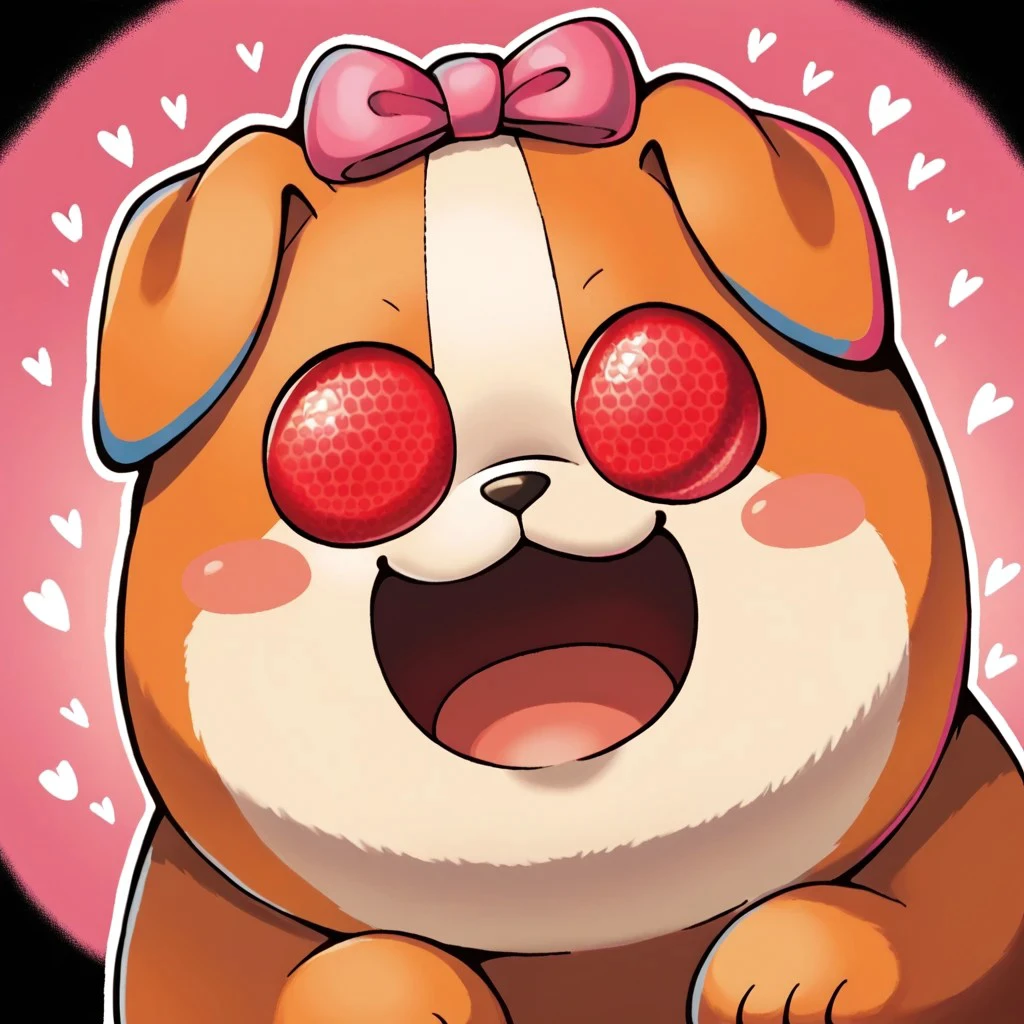 score_9,score_8_up,score_7_up,source_anime, chemy, animal, dog, no humans, open mouth, symbol-shaped pupils, heart, heart-shaped pupils, solo, smile, :3, looking at viewer, blush stickers, bow, pink bow, red eyes