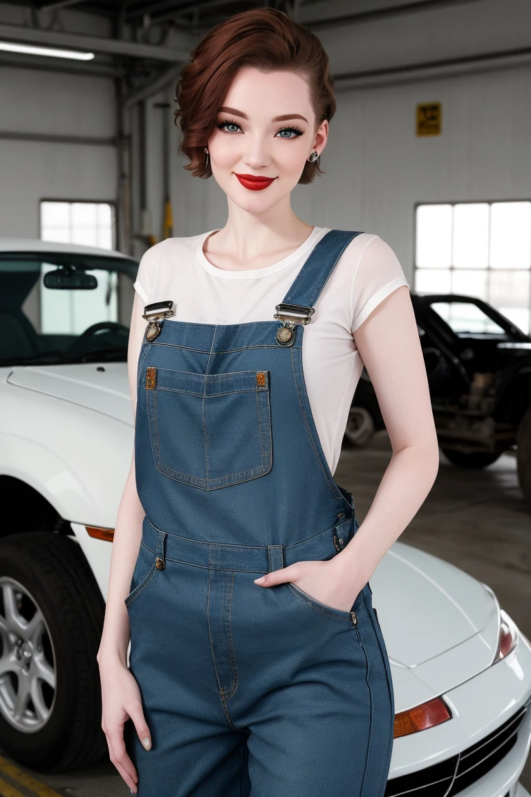 <lora:danielleriley-06:0.6>,,danielleriley, ((red lipstick, blush, pale skin)),  ((masterpiece, best quality, extremely detailed, high resolution)), ((detailed eyes, detailed face)),((fully clothed, modest)), ,  photo of a woman, overalls, car, garage, smiling, wrench, ((mechanic, short hair)),