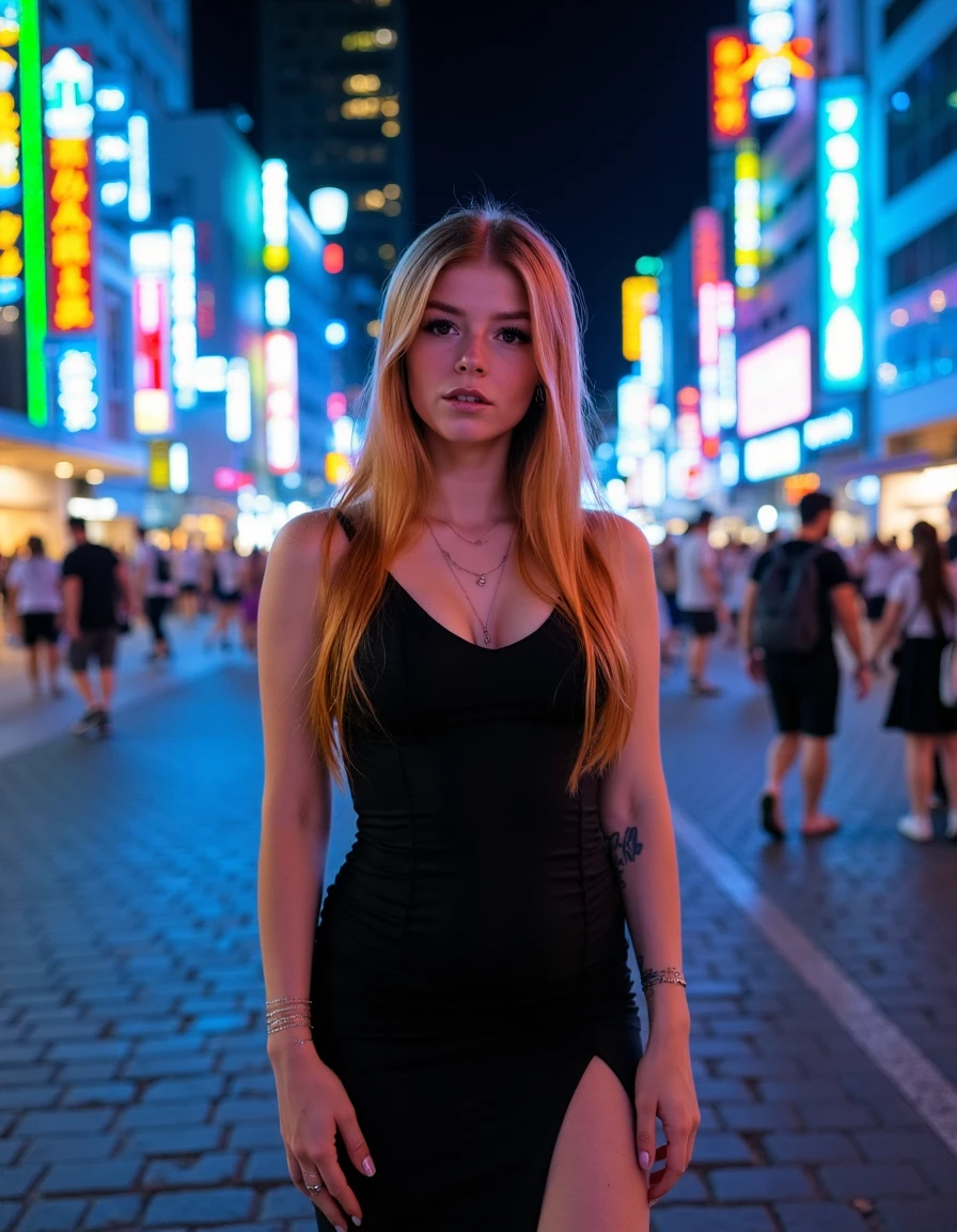 <lora:CocotteeEgirl-000001:1.1>a high-resolution full body wide angle photograph featuring a 23 years old caucasian woman with long, straight, light blonde red hair and a fair complexion, slim body, she is standing in the center of a bustling city street at night, illuminated by neon signs in various colors, including blue, green, yellow, and pink, she has a sensual erotic face, her eyes are a striking blue, and she wears a beautiful tight black falling gala dress, the background features a cityscape with tall buildings and a few pedestrians, some of whom are blurred, suggesting a busy urban setting, the street is paved with a mix of cobblestones, and the sky is dark, indicating either early morning or late afternoon, the overall mood of the photograph is vibrant and lively, with a focus on the subject's youthful and carefree demeanor