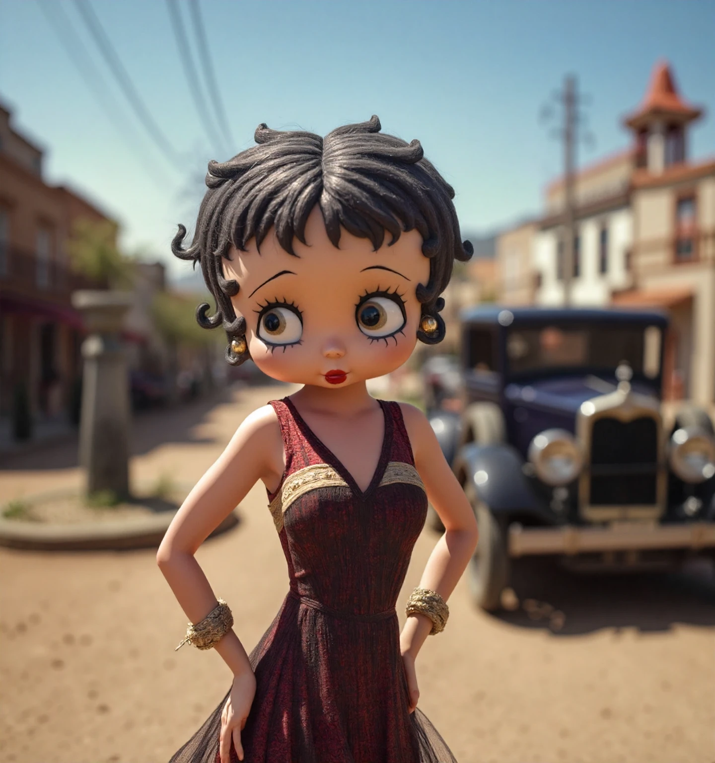 m3m3,Best quality, professional, studio shoot, Betty Boop the character, cartoon woman, flapper dress, large eyes, 1930s style, vintage car, open road, dusty terrain, small town square, charming architecture, ornate fountain, quaint shopfronts, rustic charm. Realistic, detailed, high-resolution, candid, lifelike,