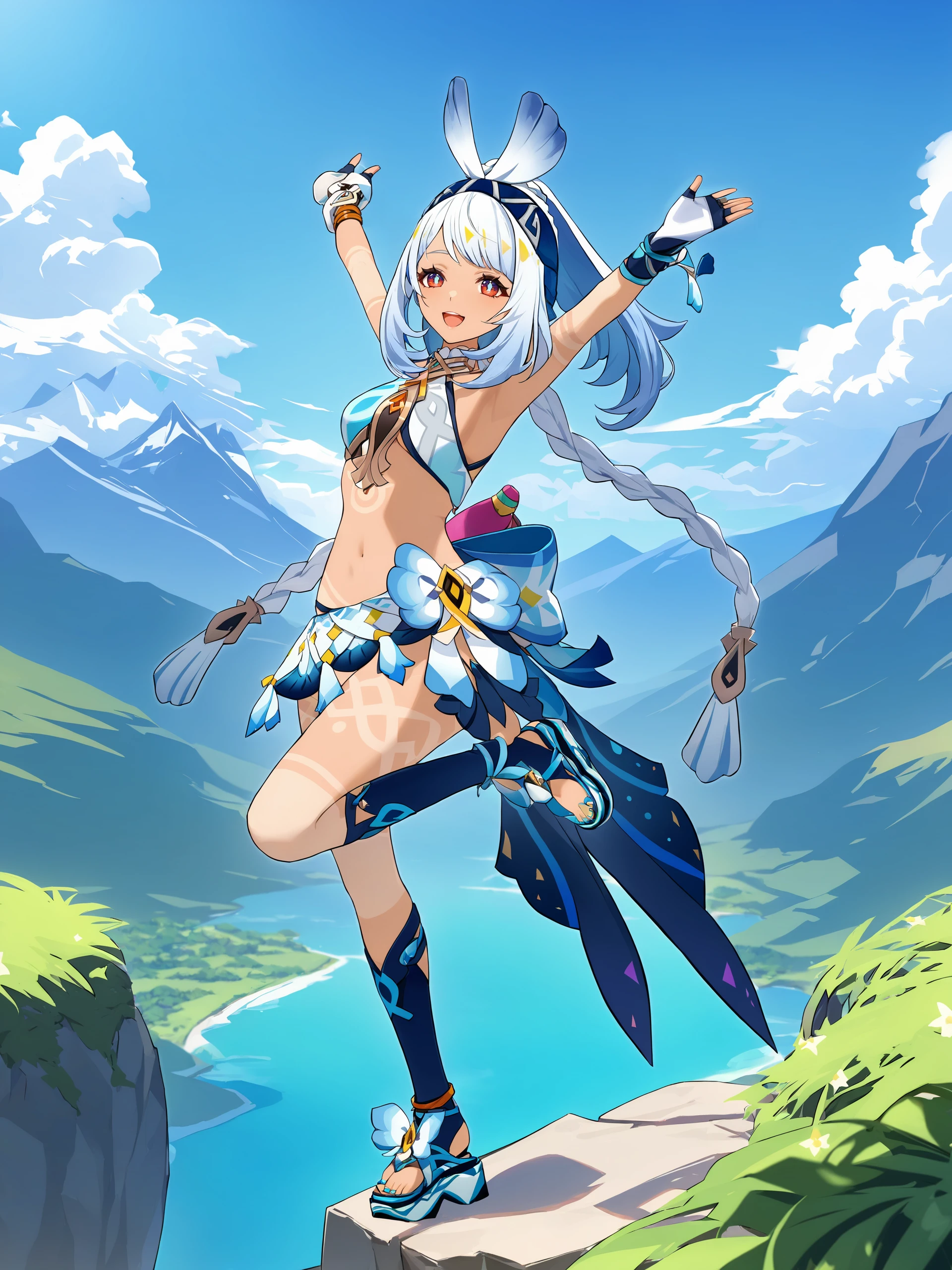 1girl, mualani \(genshin impact\), fingerless gloves, nail polish, crop top, bow hairband, sarong, sandals, stirrup legwear, waist bow, bodypaint, looking at viewer, smile, open mouth, full body, balancing, standing on one leg,  mountainous horizon, scenery, depth of field <lora:Char-Genshin-Mualani-V1-SDXL:0.9>, illustration, incredibly absurdres, ultra detailed, masterpiece, best quality, [<lora:detailed_notrigger:0.95>::0.5]