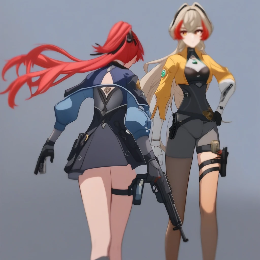 fatetrigger, multiple girls, 2girls, weapon, gun, holding weapon, holding, red hair, holding gun, long hair,