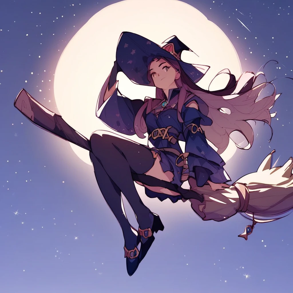 score_9, score_8_up, score_7_up, 1girl, solo, r1dingbroom, broom riding, broom, anime, witch, night, moon, hat, sidesaddle,