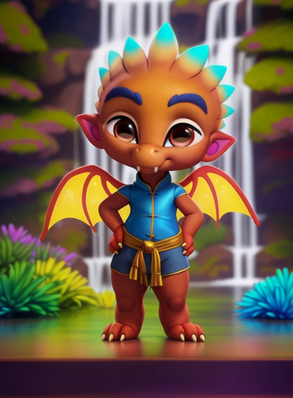 <lora:SpikeGongSupMonYif:1.1> SpikeGongSupMon, dragon, blue eyebrows, fangs, orange skin,  blue tips of scales on the head,(wings,  ears little, small ears), yellow claws, brown eyes, light blue shirt, blue belt, dark blue shorts, chibi,
Looks at the viewer,   day, [  solo, nature, day, clouds, waterfall, flover]   ((Hands on hips, standing, ))
(beautiful, aesthetic, perfect, delicate, intricate, saturated colors), masterpiece, digital drawing, best quality,
by ulitochka, by taran fiddler, by Silverfox5213, by personalami,