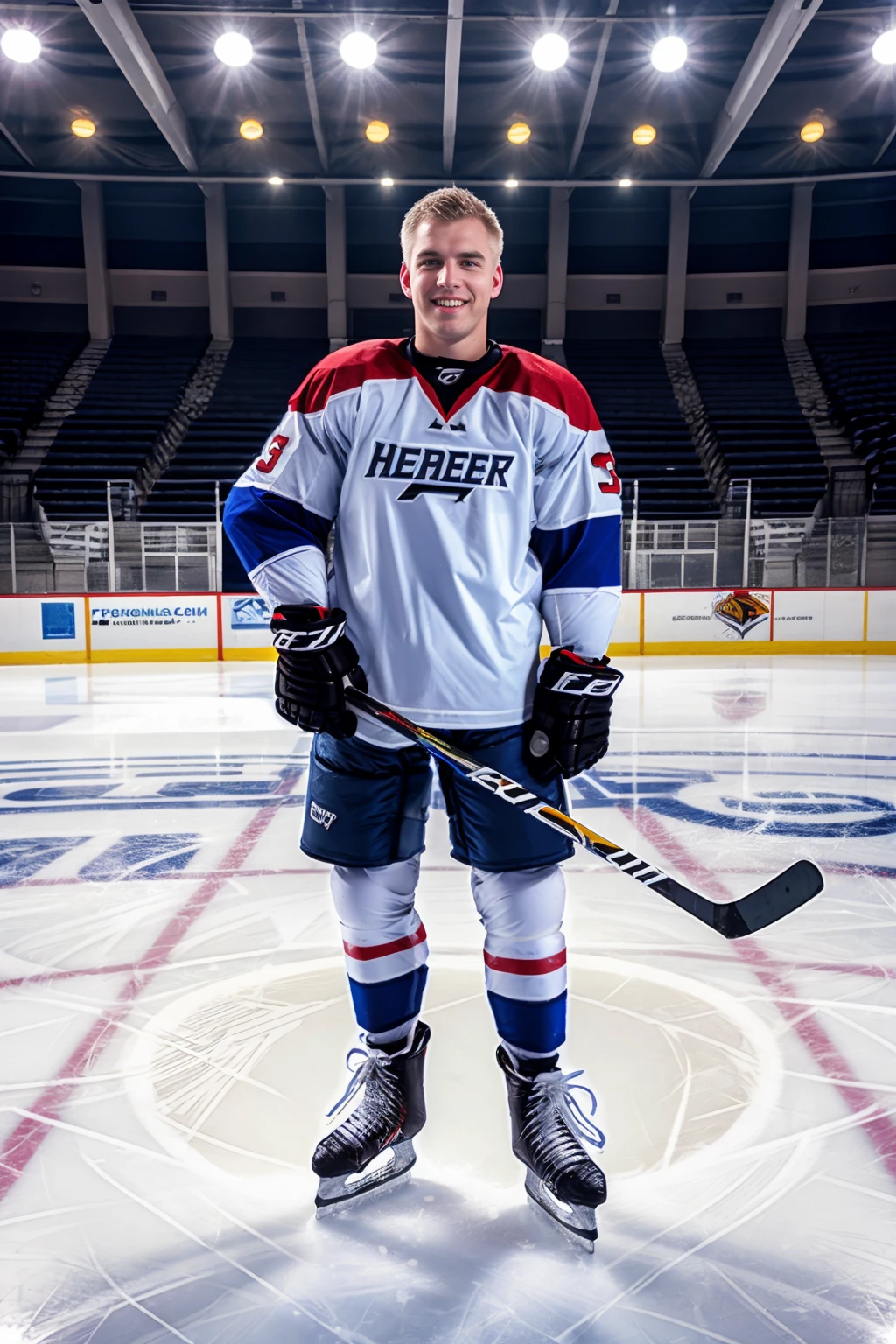 arena, high ceiling, hockey rink, standing, SergeHenir wearing hockey shoulder pads, hockey uniform, gloves, holding hockey stick, smiling, (((full body portrait))), wide angle <lora:SergeHenir:0.8>