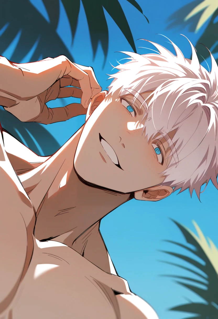 score_9,score_8_up,score_7_up,good colors,bright skin,good shading,countershading,detailed background,
1boy,male focus,solo,<lora:éµåMignon:0.8>,tall and fit body,short hair,white hair,bangs,blue eyes,detailed hair,smile,
topless male,pectorals,nipples,
outdoors,day,blue sky,
<lora:Expressive_H:0.8>,Expressiveh,<lora:aesthetic_anime_v1s:1.2>,