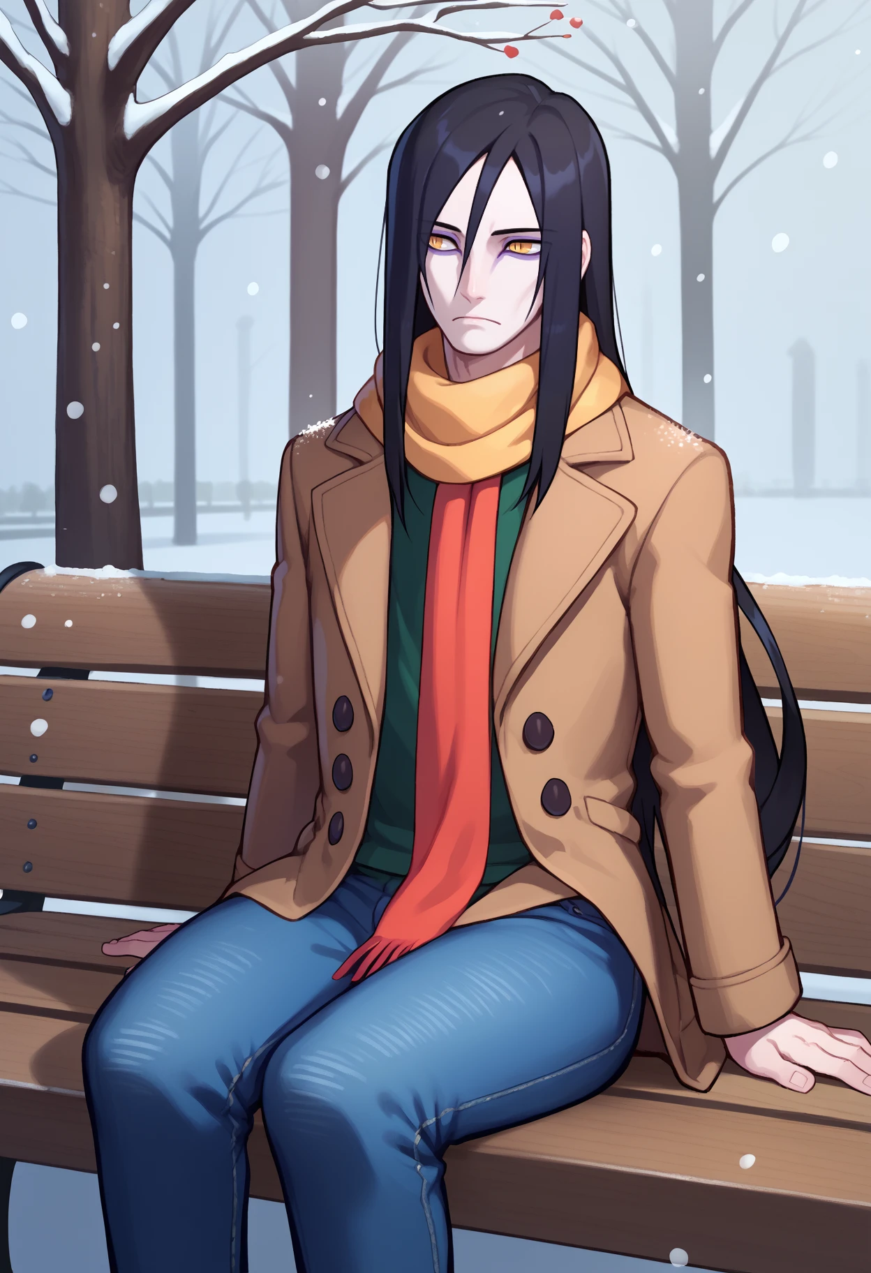 score_9, score_8_up, score_7_up, <break> solo, male focus, 1boy, orochimaru, pale skin, makeup, expressionless, looking away, sitting, park bench, long hair, black hair, yellow eyes, slit pupils, winter clothes, brown coat, jeans, scarf, snowing, outdoors
<segment:yolo-face_yolov8m.pt,0.4,0.5//cid=1>