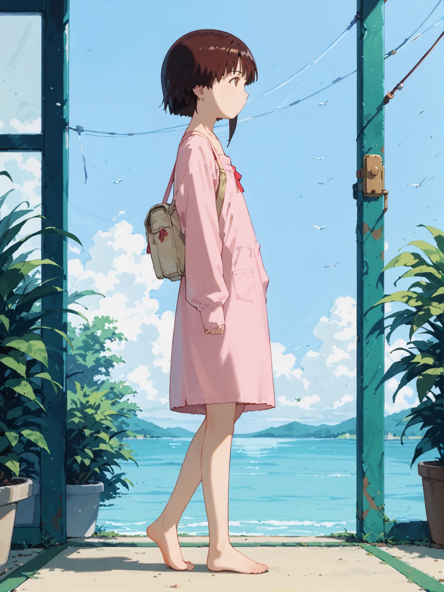 (Masterpiece:1.3), (best quality:1.2), score_9, score_8_up, score_7_up, source_anime, <lora:Lain:1>,lain_wired, 1girl, barefoot, short hair, brown hair,  profile, standing, solo, walking,high quality,4k,shiny