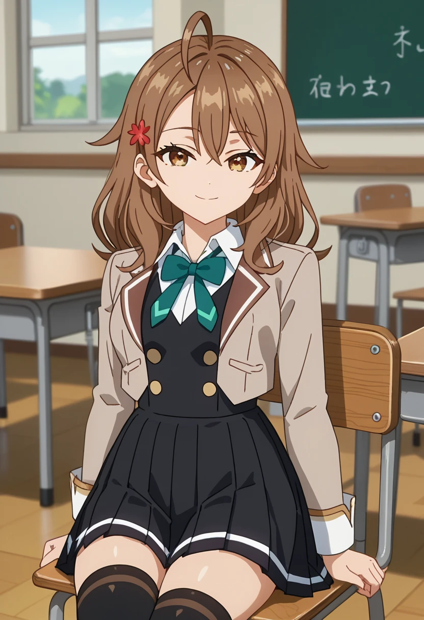 score_7_up, anime screencap, anime coloring,
<lora:Roshidere_KujouMariaMikhailovnaXL:0.9>,
1girl, solo, closed mouth, light smile, head tilt,
long hair, brown hair, ahoge, hair between eyes, brown eyes, hair ornament,
MashaSchool, cropped jacket, brown jacket, green bowtie, white shirt, black vest, buttons, long sleeves, pleated skirt, black skirt, black thighhighs,
arms at sides, sitting, looking at viewer,
blurry background, indoors, classroom, chair