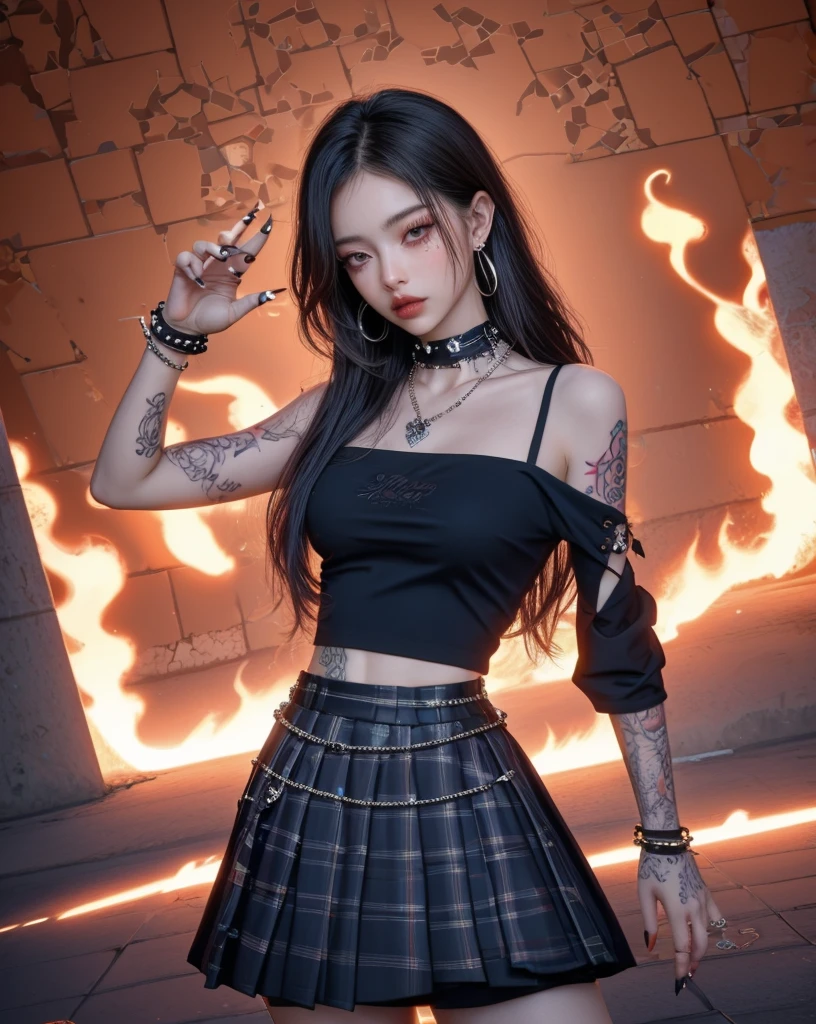 1girl, burning, claw pose, earrings, embers, honeycomb \(pattern\), long hair, looking at viewer, lyrics, makeup, medium breasts, mole, orange sky, plaid skirt, quarter note, solo, spiked bracelet, street_art_portrait, tattoo, thorns, tile floor