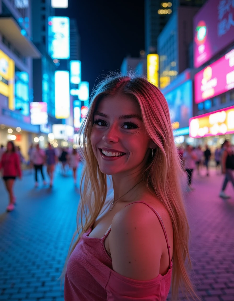 <lora:CocotteeEgirl-000001:1.2>a high-resolution full body wide angle photograph featuring a 23 years old caucasian woman with long, straight, light blonde hair and a fair complexion, she is standing in the center of a bustling city street at night, illuminated by neon signs in various colors, including blue, green, yellow, and pink, she has a playful, mischievous expression with a wide erotic face, her eyes are a striking blue, and she wears a galla dress, the background features a cityscape with tall buildings and a few pedestrians, some of whom are blurred, suggesting a busy urban setting, the street is paved with a mix of cobblestones, and the sky is dark, indicating either early morning or late afternoon, the overall mood of the photograph is vibrant and lively, with a focus on the subject's youthful and carefree demeanor