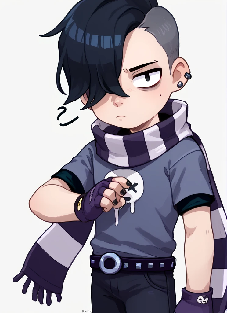 score_9, score_8_up, score_7_up,   <lora:bsedgar:1>bsedgar    , 1boy , short hair , black hair, hair over one eye, ear piercing, solo,striped scarf  grey shirt,  short sleeves, belt , black pants ,black gloves,   fingerless gloves, black nails, <lora:PossumMachine:1>posmach  , confused,  looking at viewer,  , ??? , simple background,  ??,