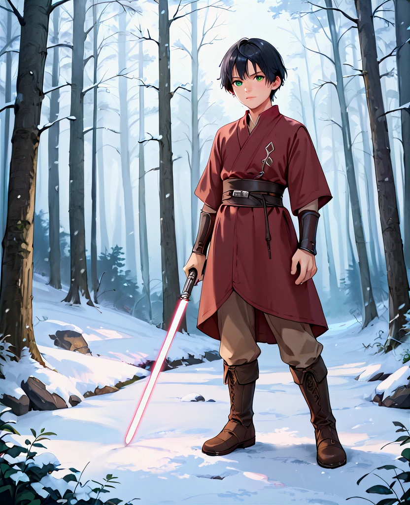 (score_9, score_8_up, score_7_up, score_6_up,) young 21-year-old male jedi knight wearing a set of rune inscribed decorated tunic and outer robes with trousers tucked into knee high boots, black hair, green eyes, fair skin, peach fuzz on chin, star wars, lightsaber, laser sword, long sword  <lora:Jedi_Youngling_Attire:.5> forest, scenery, snowing, winter