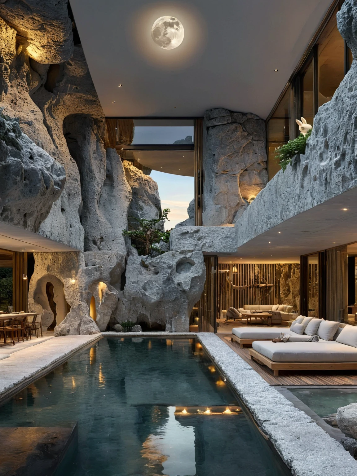 <lora:JJsCaveHouse_XL:1>, ((Cave House)),  masterpiece, best quality, mountain , building, no humans, (indoors), plant, scenery, ((night sky)), tree,  center composition,  golden hour, ceiling light, rock, glass, water, ((moon)), ((big rabbit statue)),