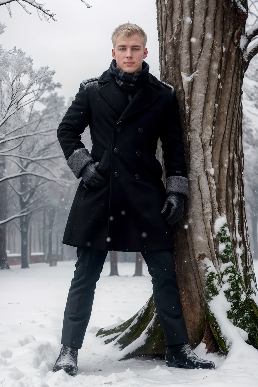 winter day, snow, standing, SergeHenir, black scarf, black winter coat, gloves, leaning on a tree, ((full body portrait)), wide angle <lora:SergeHenir:0.8>