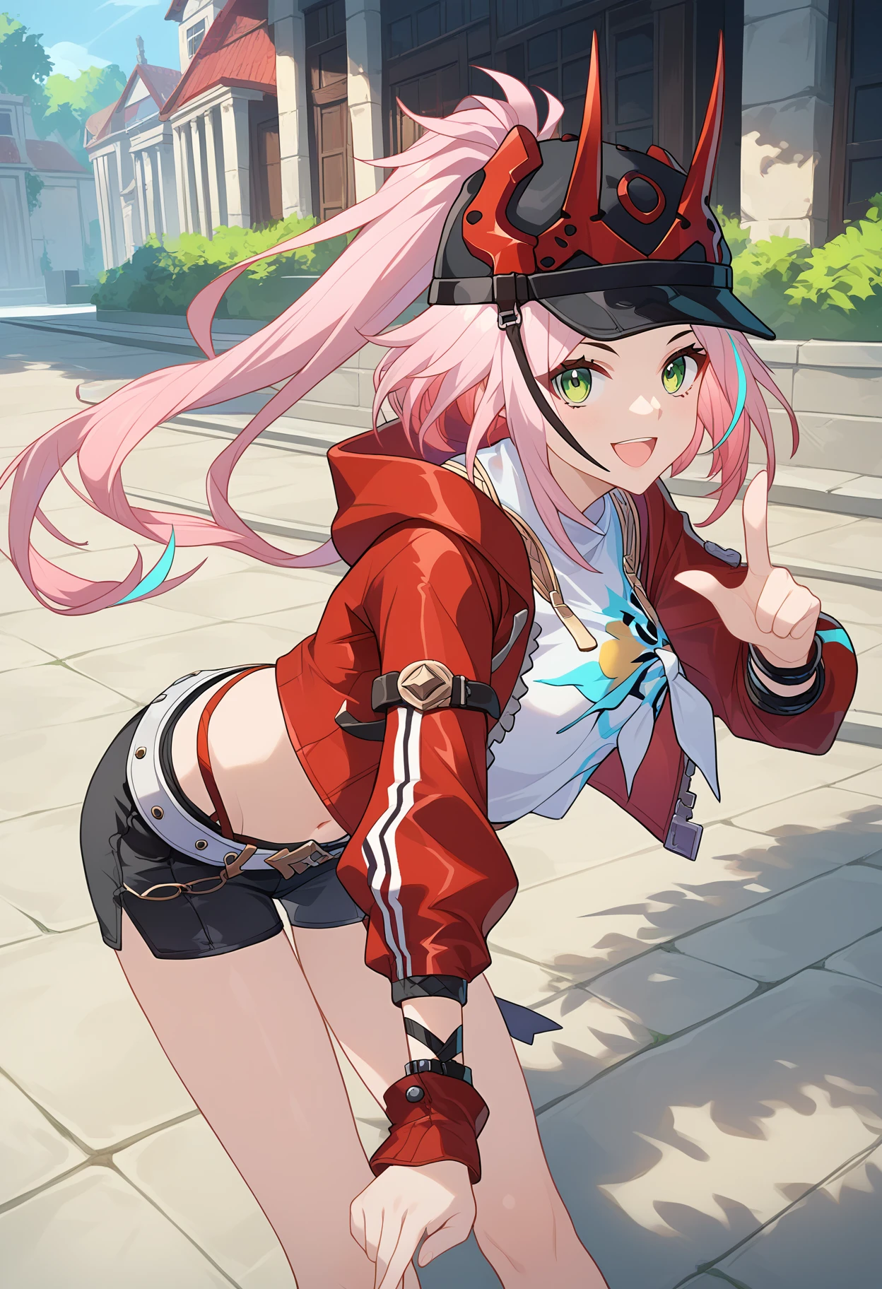 score_9, score_8_up, score_7_up, source_anime,
BREAK
1girl, solo,
<lora:shiRappaV1:0.8>, shirappa, green eyes, pink hair, long hair, ponytail, multicolored hair, streaked hair,
hat, horns, 
crop top, open jacket, red jacket, 
belt, 
white shirt, navel, 
black shorts, 
looking at viewer, leaning forward, pointing at viewer,  smile, open mouth, bent over, 
outdoors,