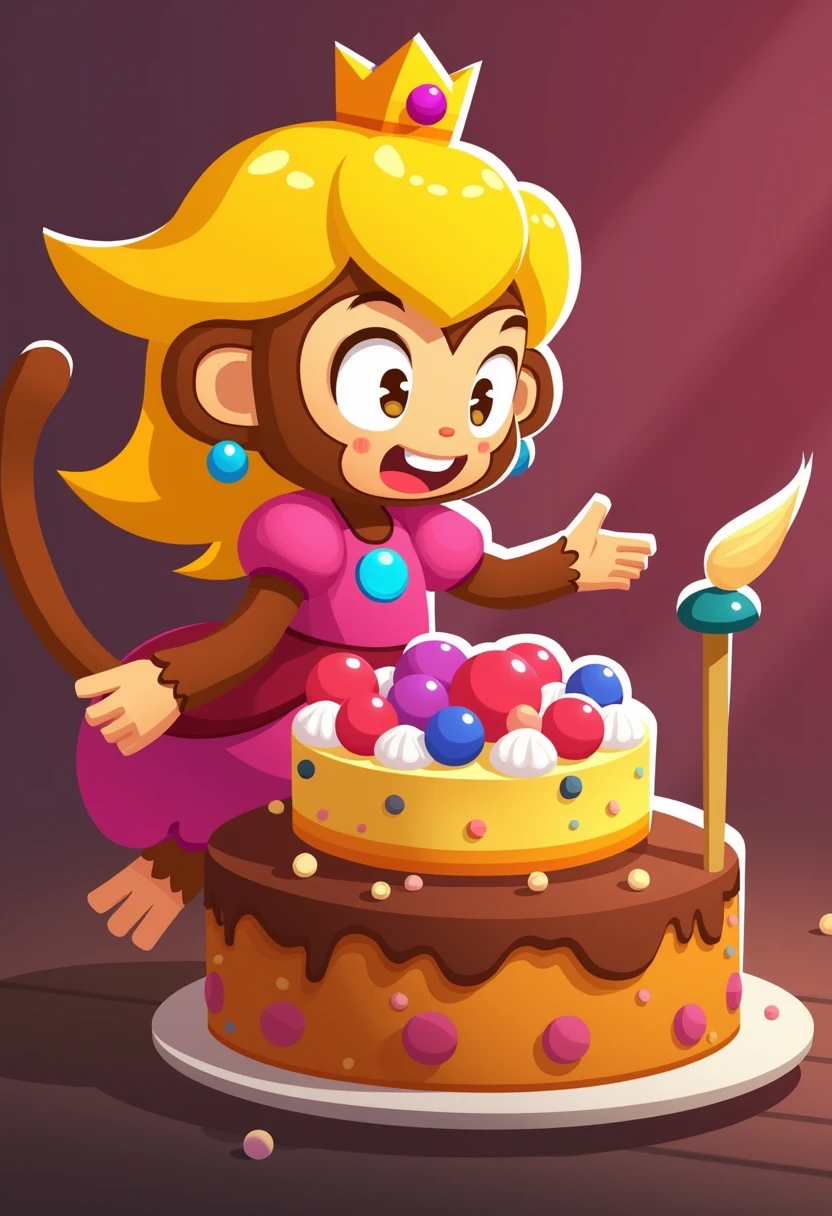 <lora:BTD6guy90FluxV1-000001:1>, princess peach if she was a monkey in the style of bloonstowerdefense6. She made a cake