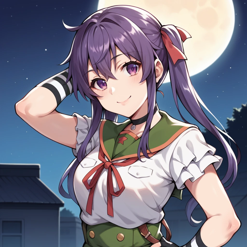 score_9_up, score_8_up, score_7_up, source_anime, masterpiece, best quality, 1girl, solo, Kurumi, moon light, starry sky, night sky, school rooftop, standing, looking at you, hand on hip, face focus, upper body, gentle smile, from side, angled shot, long hair, twintails, purple hair, purple eyes, school uniform, high-waist skirt, green skirt, double breasted, white shirt, striped arm warmers, red ribbon, pleated skirt, short sleeves, green sailor collar, fingerless gloves, black choker, frilled shirt, neck ribbon, mature body, dynamic cowboy shot, outdoors, sky clouds background