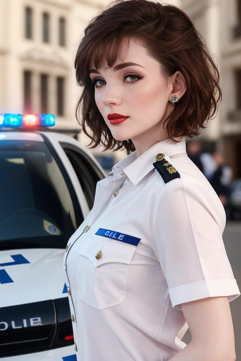 <lora:danielleriley-06:0.6>,,danielleriley, ((red lipstick, blush, pale skin)),  ((masterpiece, best quality, extremely detailed, high resolution)), ((detailed eyes, detailed face)),((fully clothed, modest)), ,, photo of a woman, , ((police uniform, police badge, police car)), city street, attractive, looking at viewer, ((short hair, messy hair, bangs))