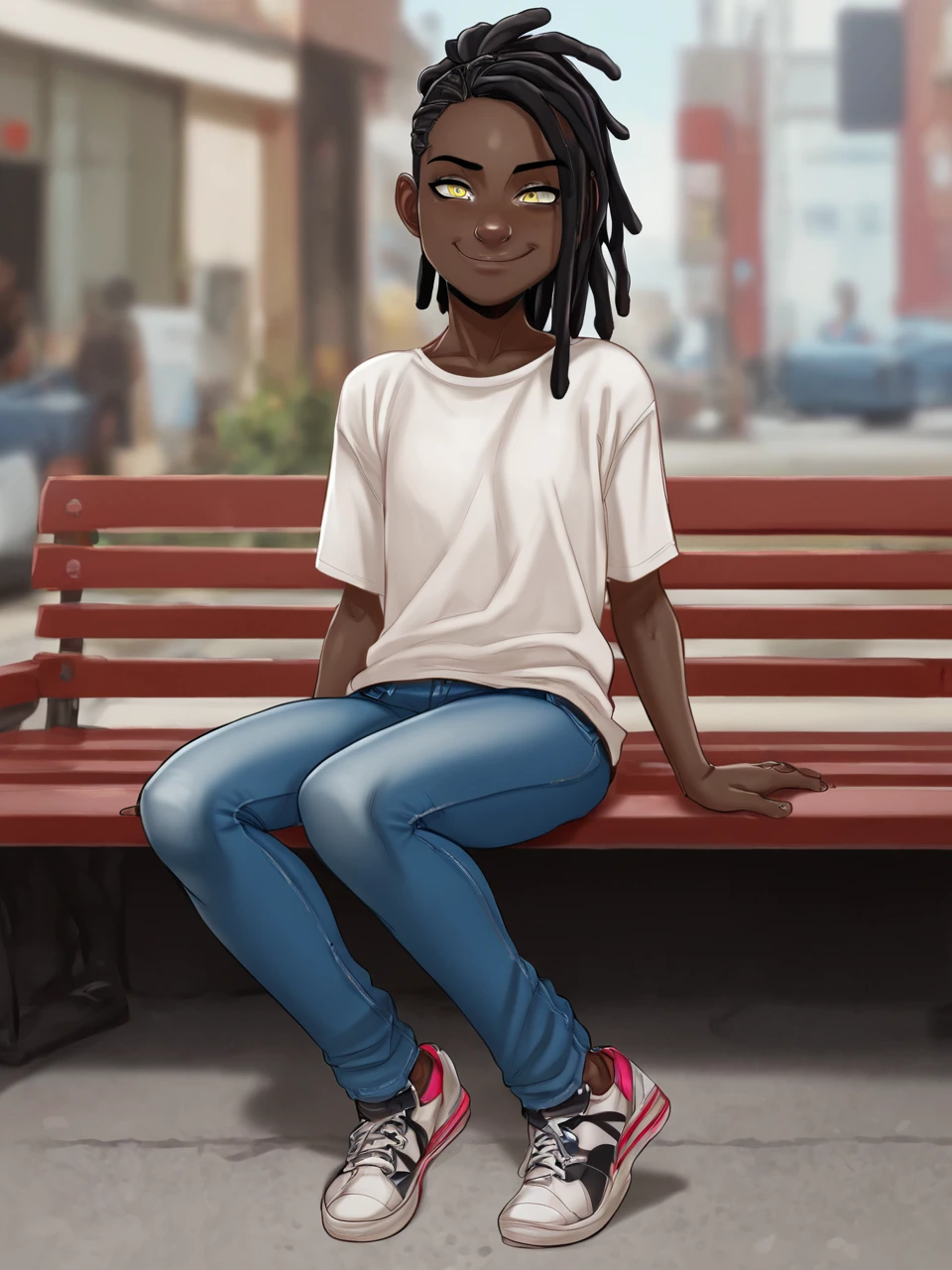 score_9, score_8_up, score_7_up,  score_6_up, BREAK, LilTaniyah, Andystyle, 1girl, flat chest, black hair, dreadlocks, dark skin, yellow eyes, closed mouth, smile, white shirt, jeans, sneakers  <lora:LilTaniyah:1>