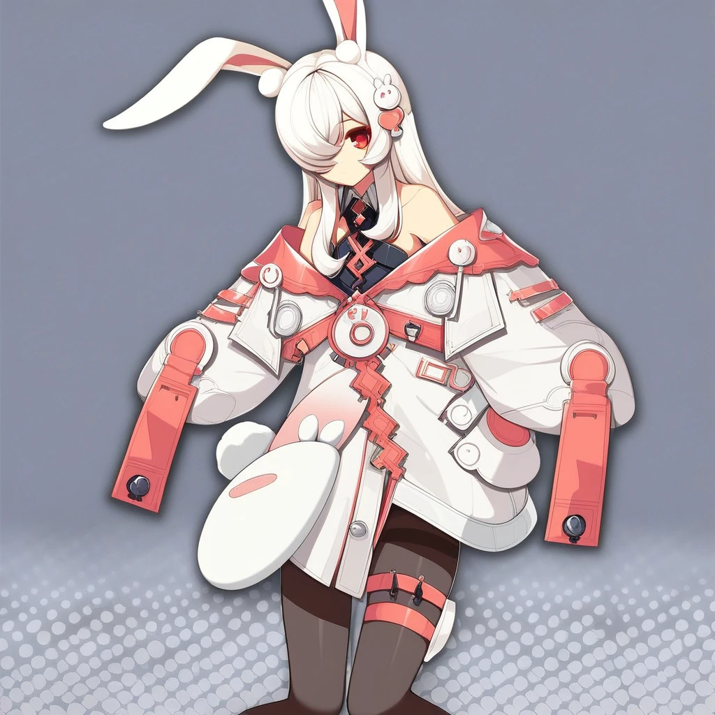 k1ra-ft, 1girl, animal ears, rabbit ears, red eyes, hair over one eye, long hair, jacket, white hair, off shoulder, pantyhose, thigh strap, bangs, white jacket, closed mouth, hair ornament, rabbit girl, bare shoulders