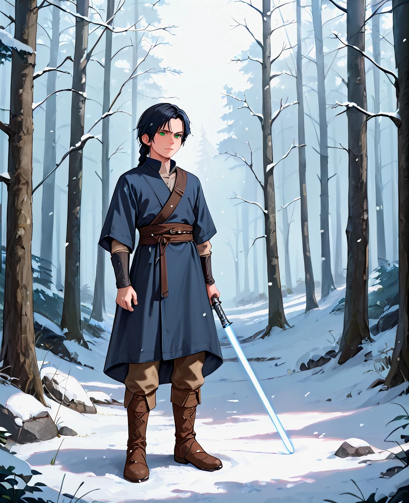 (score_9, score_8_up, score_7_up, score_6_up,) young 21-year-old male jedi knight wearing a blue rune inscribed black tunic and outer robes with trousers tucked into knee high boots, black hair, green eyes, fair skin, soul patch, star wars, blue lightsaber, laser sword, long sword  <lora:Jedi_Youngling_Attire:.5> forest, scenery, snowing, winter, armor, braid