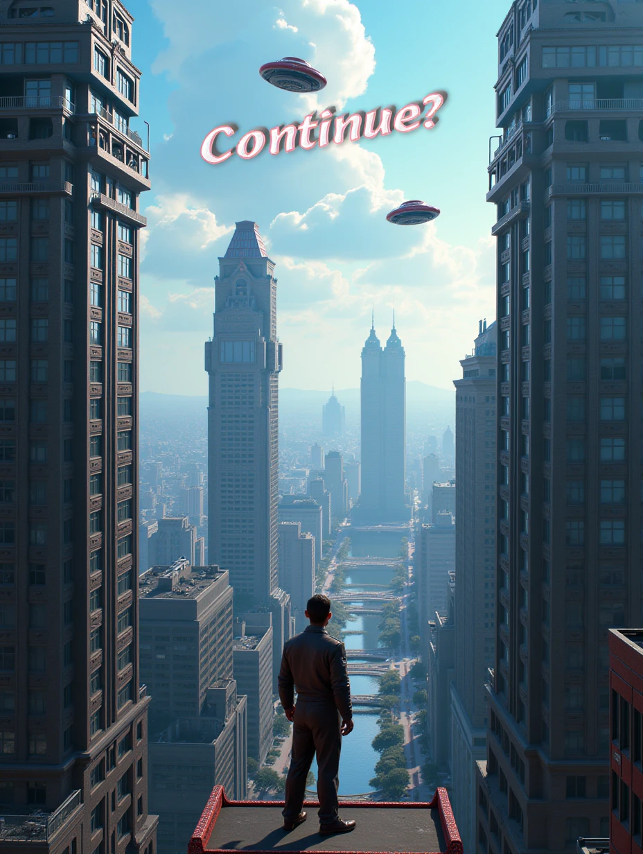 Juaner_font,

On a futuristic city skyline with hovercars, there is a line of text “Continue?” the scene shows a character ready to jump off a rooftop