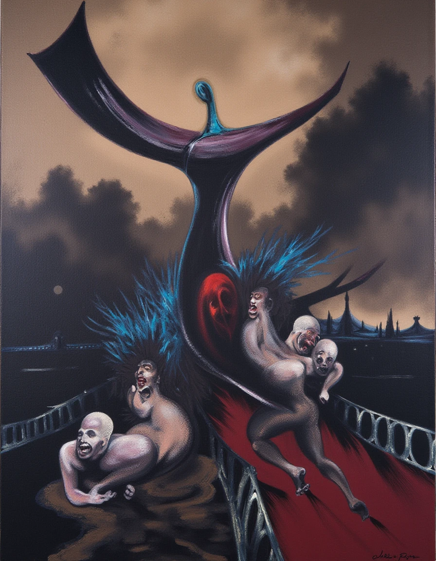 In a strikingly abstract and surreal composition reminiscent of Francis Bacon’s iconic style, the painting explores the multifaceted concept of manhood through a provocative lens. Bold strokes intertwine, creating swirling forms that evoke the essence of strength and vulnerability. At the center, exaggerated, elongated shapes suggest a phallic symbol, rendered in a palette of deep crimson, muted earth tones, and stark blacks, contrasting sharply with bursts of electric blue that symbolize instability and passion. 

The background features chaotic, chaotic textures—rough brushwork and fluid drips of paint—merging to create a distorted landscape that challenges reality. Shadows loom ominously, representing societal expectations, while ghostly figures emerge from the chaos, their expressions contorted in a mix of agony and ecstasy, reflecting the internal struggle of masculinity. 

Intricate layers invite viewers to delve deeper into themes of identity, sexuality, and the primal instincts that define manhood. The emotional atmosphere is thick with tension, underscored by a haunting sense of isolation, as if the figures are wrestling with their own shadows in a dreamlike realm. The overall effect is both disconcerting and captivating, leaving a lasting impression on the observer as they navigate the vivid tapestry of human experience depicted on the canvas.