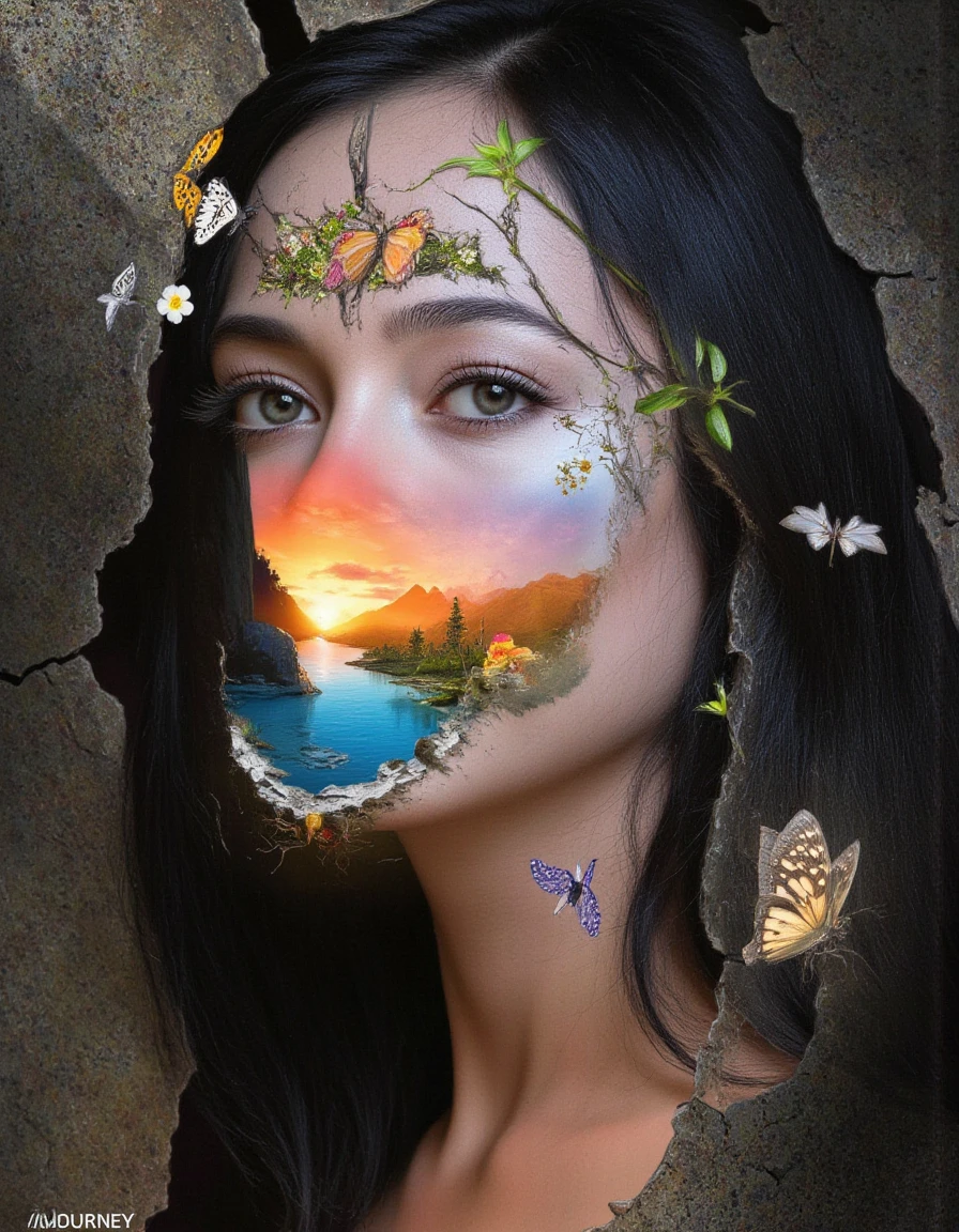 Vibrant Rim Light, Midjourney style, Photorealism, Cinematic style, high fidelity, realism, chiaroscuro, play of shadow and light, rays of light.
"A surreal portrait of a woman with pale skin and dark hair, her face emerging through a cracked surface resembling old stone. The central part of her face transitions into a vivid landscape painting, with a serene lake, mountains, trees, and a sunset sky reflected on her cheeks. Butterflies and birds are flying around, adding a magical atmosphere. Flowers and plants grow from the cracks around her, symbolizing life and nature breaking through the old and decayed surface. The scene blends elements of surrealism, nature, and portrait art, with delicate details in both the face and the surrounding environment." vibrant colors, vivid colors, hyper detailed and hyper sharp, bright rim light, high contrast, bold edge light