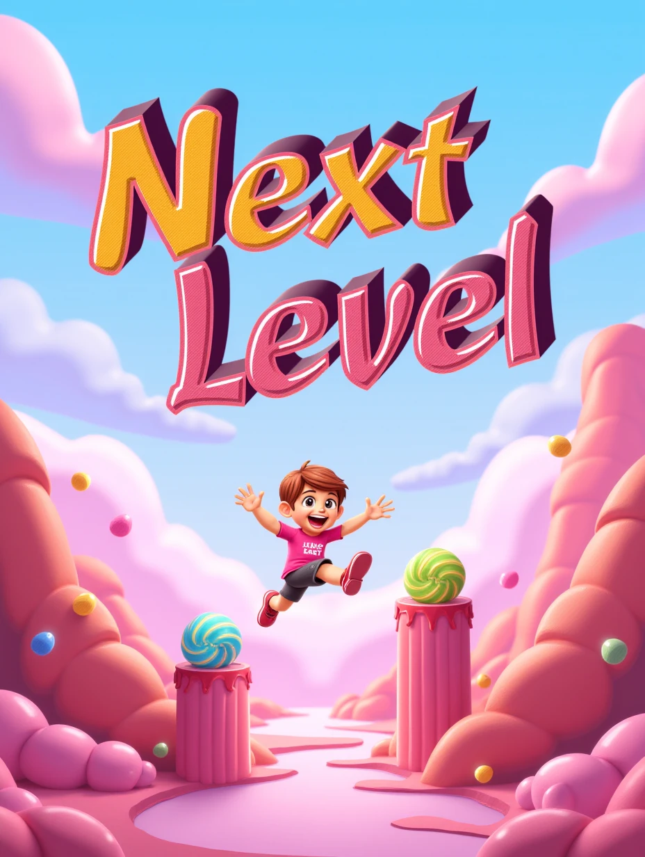 Juaner_font,

On a colorful candy land background, there is a line of text “Next Level,” the image shows a character jumping over candy obstacles