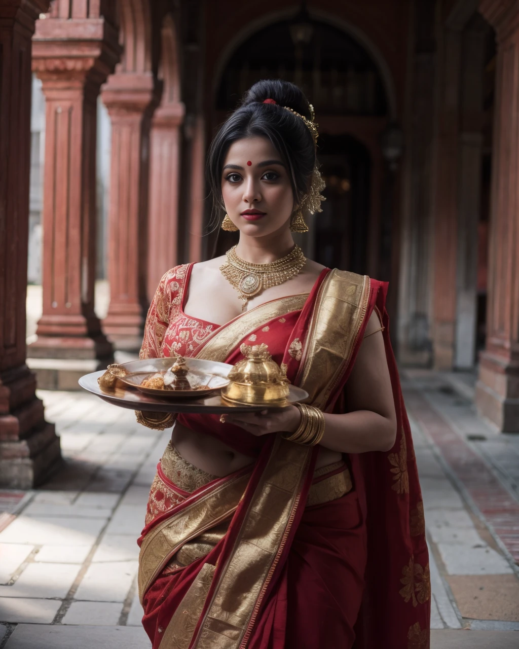 Masterpiece, SFW, a very cute 21yo beautiful girl, curvy, Busty, ((Detail Face)), Full body Portrait, ((Bengali Style Red and White Saree, Holding Ritual Plate)), Standing Pose, Standing in front of a Hindu Temple Courtyard, ((Detail Black Hair)), (French Twisted Messy Bun Hairstyle with Flower accessories), <lora:detail_slider_v4:1> <lora:real_hair:0.4> <lora:S-shape body:1> <lora:backlight_slider_v10:-2> <lora:ccmakeupå¦å®¹:1> <lora:0 Bengali Saree:0.6>, detailed skin texture, (blush:0.5), (goosebumps:0.5), subsurface scattering