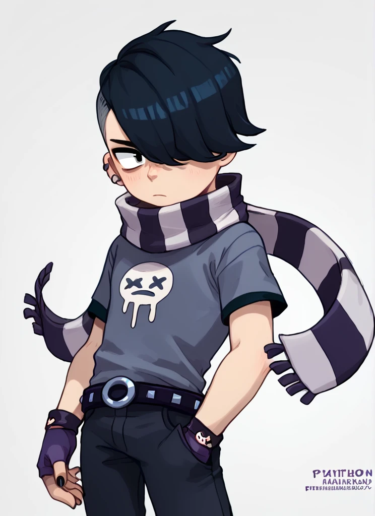 score_9, score_8_up, score_7_up,   <lora:bsedgar:1>bsedgar    , 1boy , short hair , black hair, hair over one eye, ear piercing, solo,striped scarf  grey shirt,  short sleeves, belt , black pants ,black gloves,   fingerless gloves, black nails, <lora:PossumMachine:1>posmach