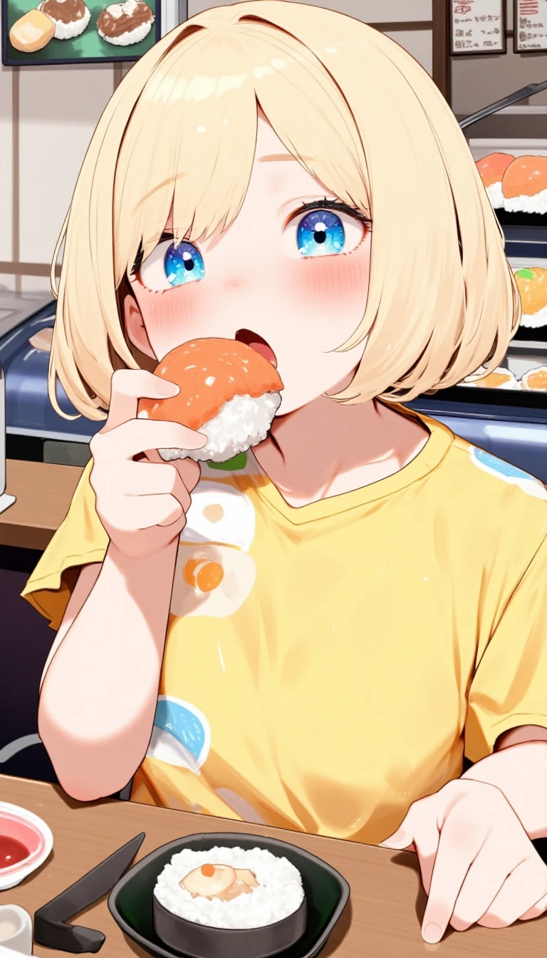 1 girl, cute girl eating nigiri sushi, 8K resolution, photorealistic style. Short blonde hair styled in a trendy bob cut. Bright, expressive eyes wide open with delight. She is wearing a casual, colorful t-shirt, holding a nigiri sushi in one hand, ready to take a bite, mouth slightly open revealing a glimpse of her teeth. Her cheeks are slightly puffed out to express delight. Sitting at the counter of a busy conveyor-belt sushi restaurant. In the background we can see a conveyor belt carrying colorful plates of sushi. On the conveyor we can see plates of nigiri sushi, on the counter we can see a small soy sauce dish and chopsticks. On the wall behind us is a digital menu screen. On the girl's face there is a look of pure delight and anticipation. Focus on the girl and the sushi, the restaurant environment provides context.,hatyuuruinohito style,the0neulost