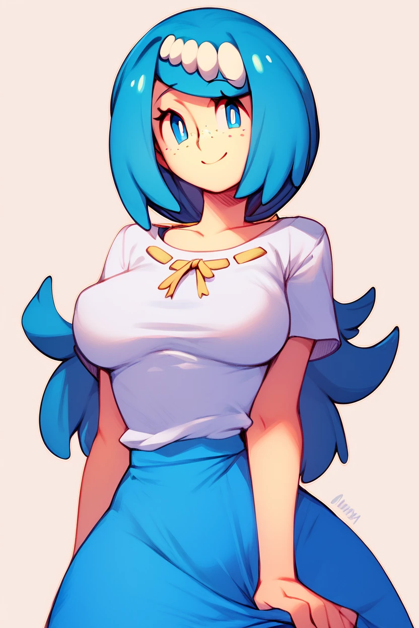 score_9, score_8_up, score_8, medium breasts, (curvy), cute, eyelashes,       BREAK, , zzLanasMother, blue hair, blue eyes, long hair, freckles, large breasts, hair ornament, white shirt, blue skirt, <lora:LanasMother_Pokemon_PDXL_Citron:0.8>, , BREAK, wide hips, smile, looking at viewer, cowboy shot, embedding:zPDXL, Expressiveh, <lora:SweetCAT_PDXL:1.0>,  <lora:SDXLFaeTastic2400:0.5>,  <lora:Expressive_H-000001:0.4>,