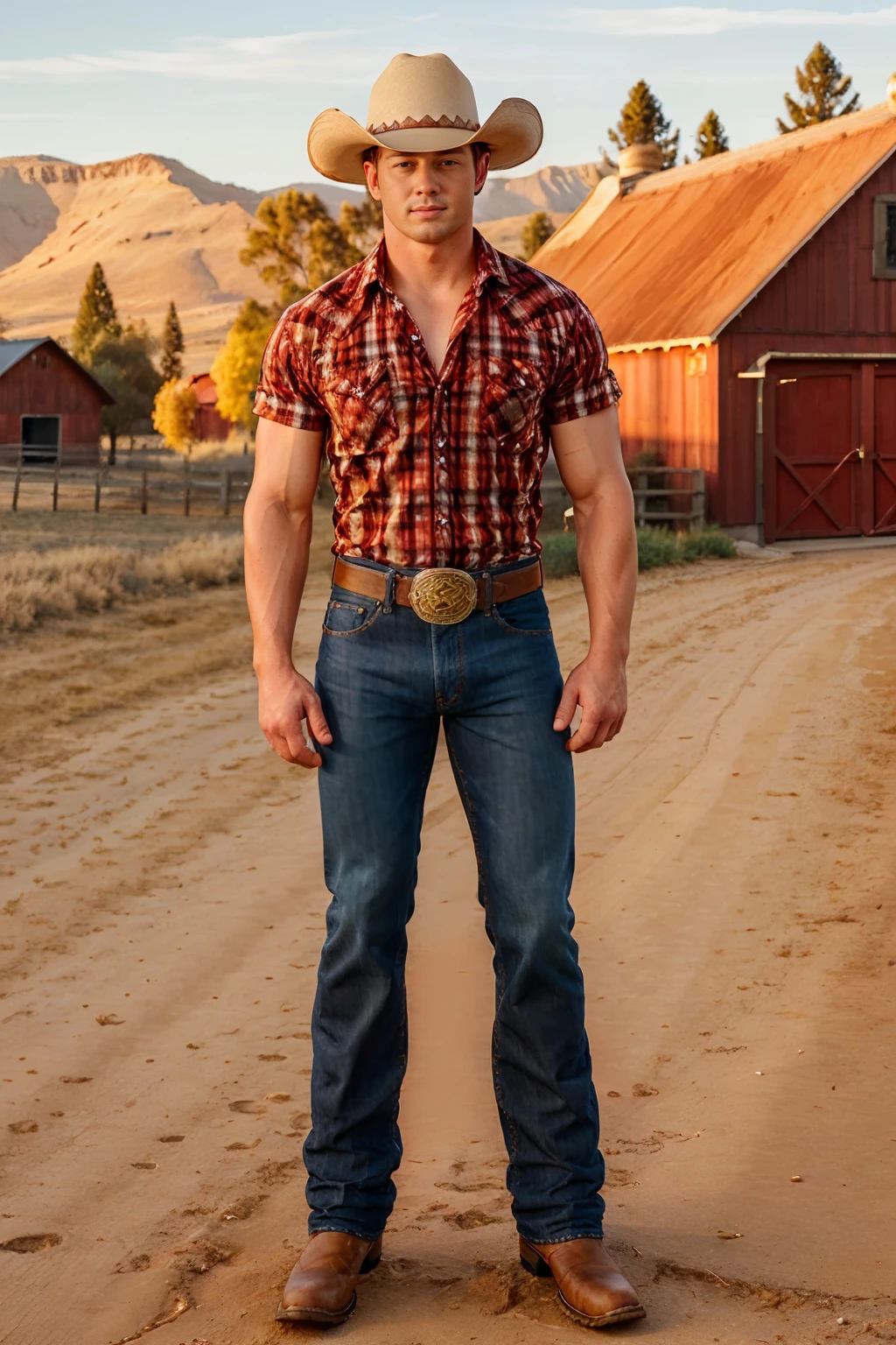 outdoors, golden hour, standing in front of (red barn), MarkLong, slight smile, sexycowboy, (cowboy hat), (plaid shirt), rolled up sleeves,  denim blue jeans, belt, gold belt buckle, (((full body portrait))), wide angle,  <lora:Clothing - Sexy Cowboy:0.45>   <lora:MarkLong:0.8>