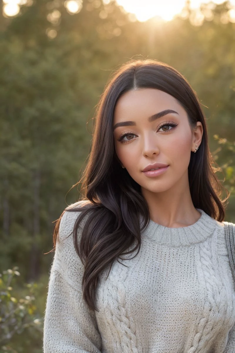 closeup headshot of S536_SerenaBecker,a beautiful woman,in a (forest:1.1),wearing a (knitted sweater),(sunset),(4k, RAW photo, best quality, 50mm, depth of field, ultra high res:1.1),(intricate, photorealistic, cinematic-shot, masterpiece, ultra-detailed:1.1),