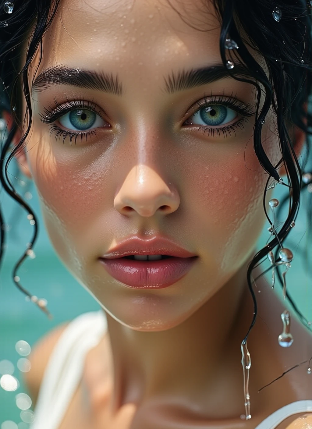 A breathtaking photorealistic portrait of a beautiful young woman with a serene expression, intricate water droplets cascading down her flawless skin. A close-up view reveals stunning detail in her features, with droplets reflecting light against a blurred background filled with gentle pastel tones, creating an ethereal and inviting atmosphere. <lora:Wet_Face_Effect-000001:1>