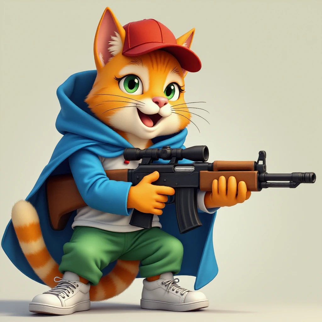 cataus cartoon in blue coat and red cap, <lora:Cataus _Rank128_1600_compres64:1>, with a sniper rifle