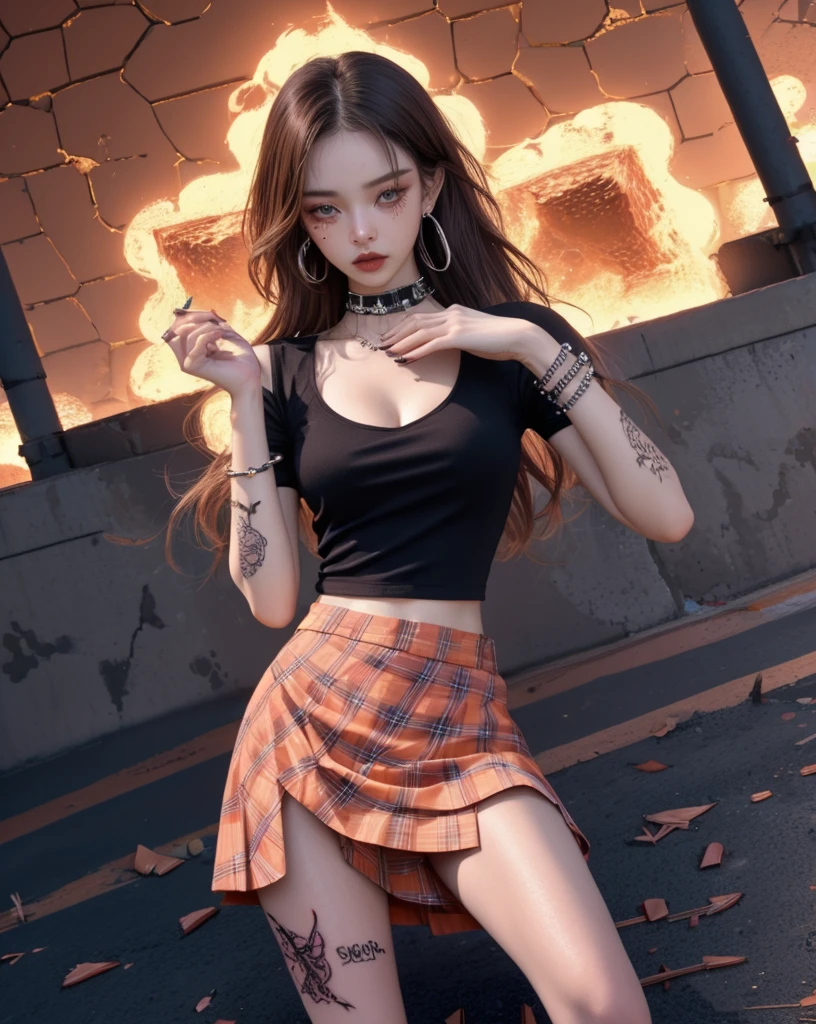 1girl, burning, claw pose, earrings, embers, honeycomb \(pattern\), long hair, looking at viewer, lyrics, makeup, medium breasts, mole, orange sky, plaid skirt, quarter note, solo, spiked bracelet, street_art_portrait, tattoo, thorns, tile floor