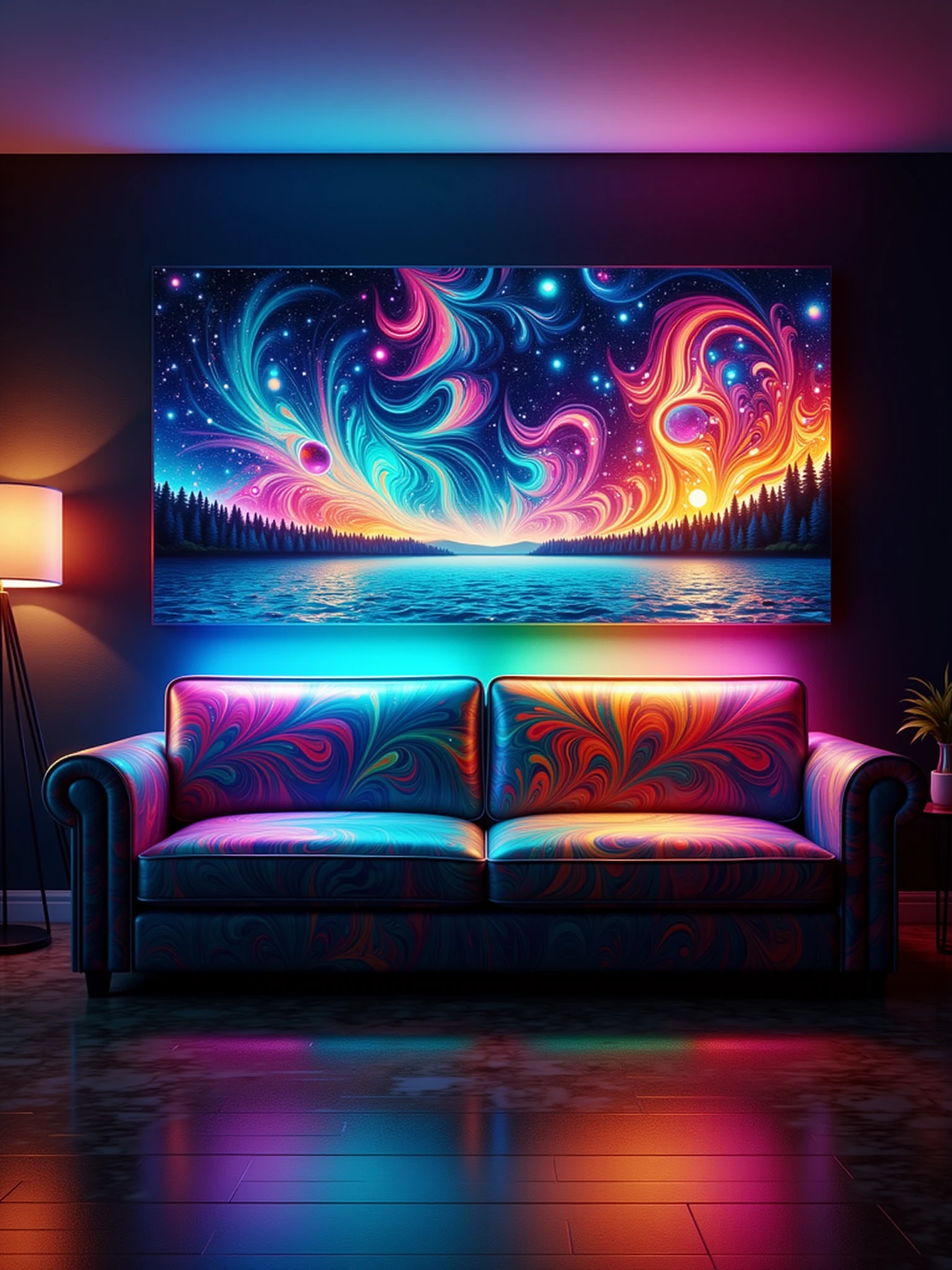 glowing mad-glwngmrbldppr sofa in living room, photo of a landscape on the wall   <lora:glowing-marbled-paper-flux:1>, night