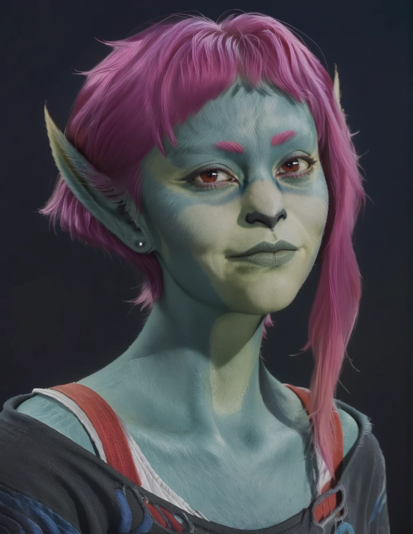 <lora:It-Z:1.3> itz, portrait, green skin, pointy ears, pink hair, furry skin, score_9, score_8_up, score_7_up, score_6_up