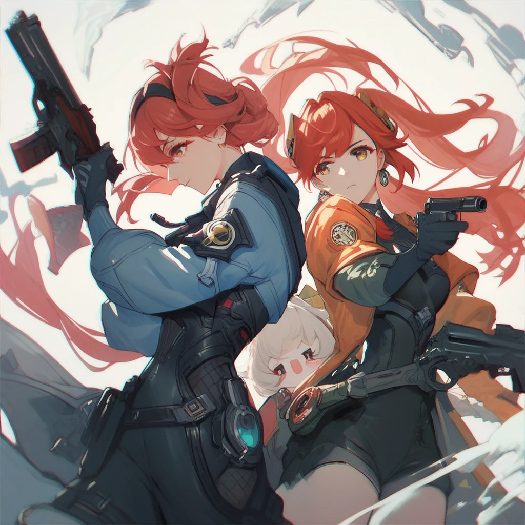 Score_9, score_8_up, score_7_up, fatetrigger, multiple girls, 2girls, weapon, gun, holding weapon, holding, red hair, holding gun, long hair,