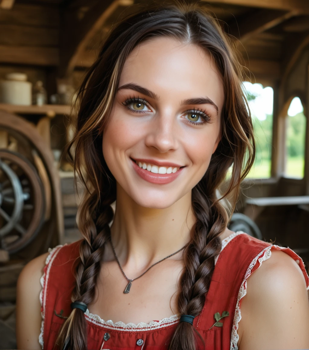 <lora:b3cc4_12PN-000007:0.9>, a (medium close up) photograph of (beautiful 24 year old) (b3cc4 woman:1.2) as a farmer's daughter,long dark hair in a braided ponytail,Long dark eyelashes,plump lips and welcoming smile,with a medieval mill courtyard behind her,wooden mill structure with waterwheel,standing in the mill courtyard,organizing sacks of flour,in a tranquil forest,score_9,score_8_up,source_photo,rich details,clear shadows and highlights,realistic,intense,enhanced contrast,highly detailed,front view,face_focus,looking_at_viewer,portrait